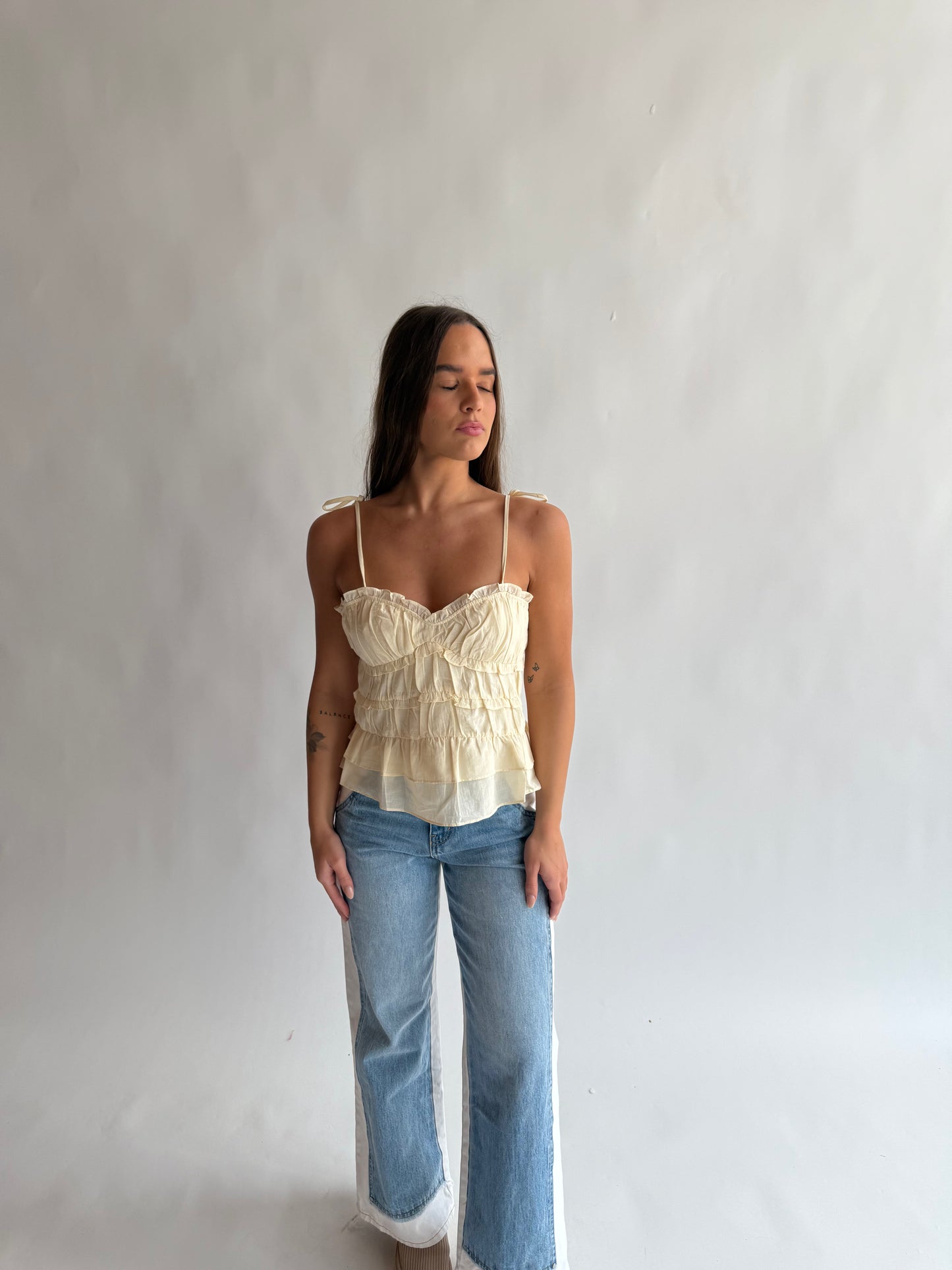 Woven Cotton v neck ruffle tank