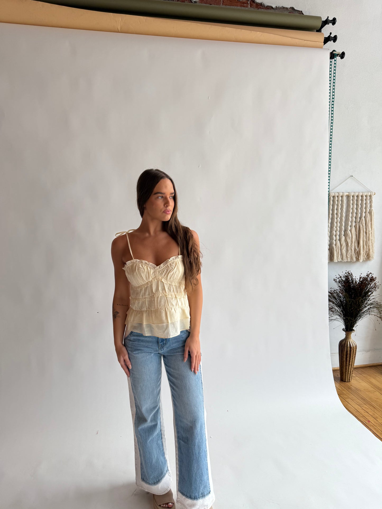 Woven Cotton v neck ruffle tank