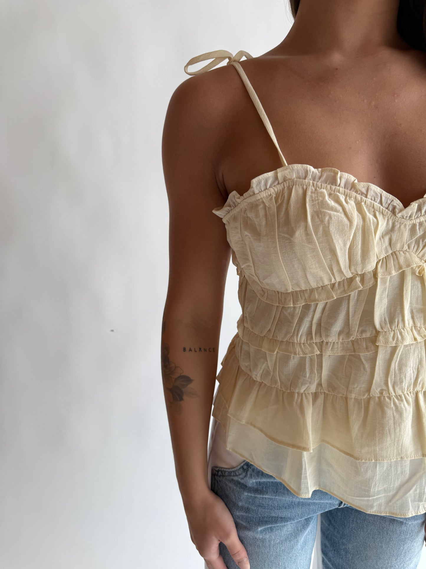 Woven Cotton v neck ruffle tank