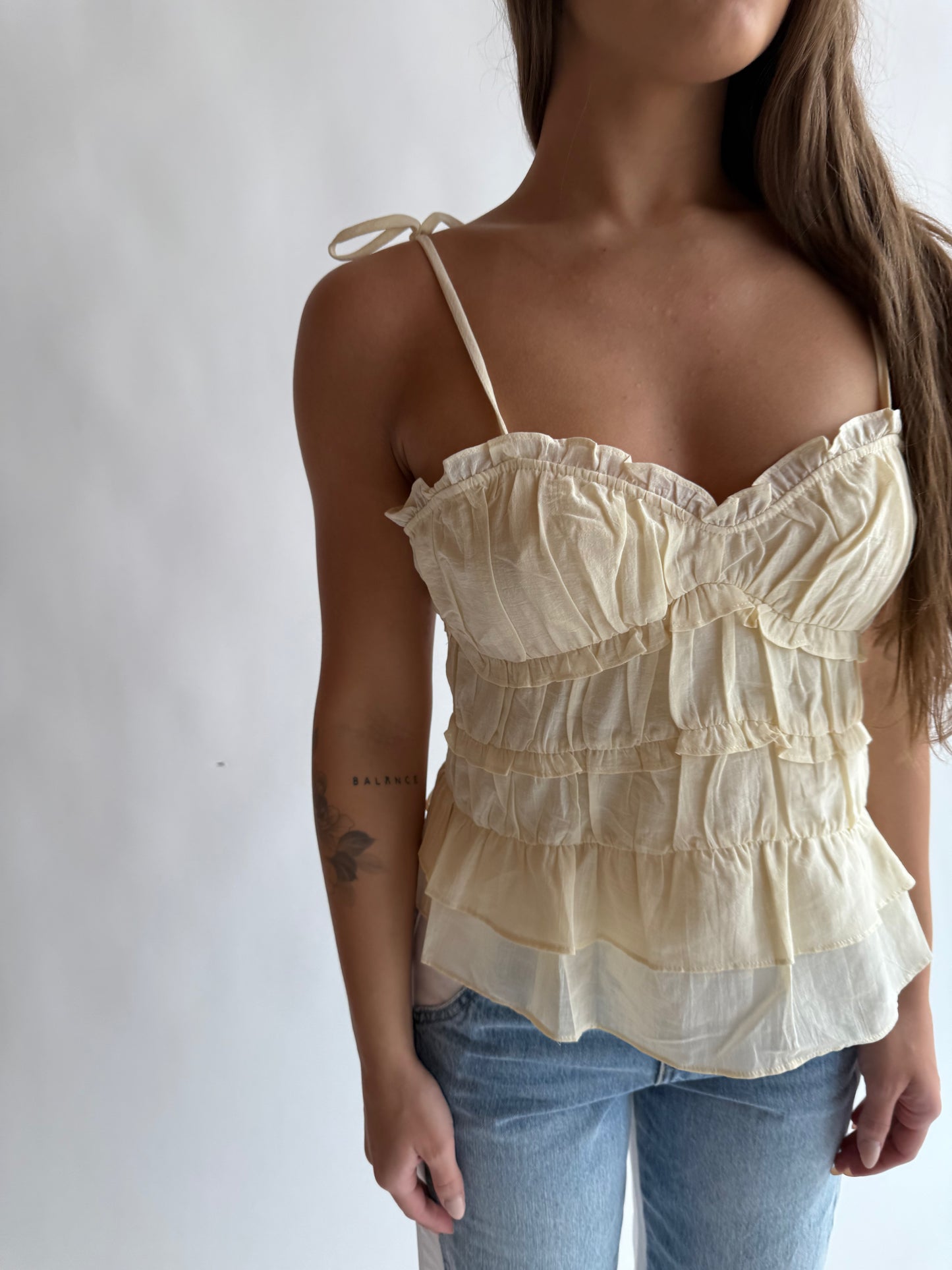 Woven Cotton v neck ruffle tank