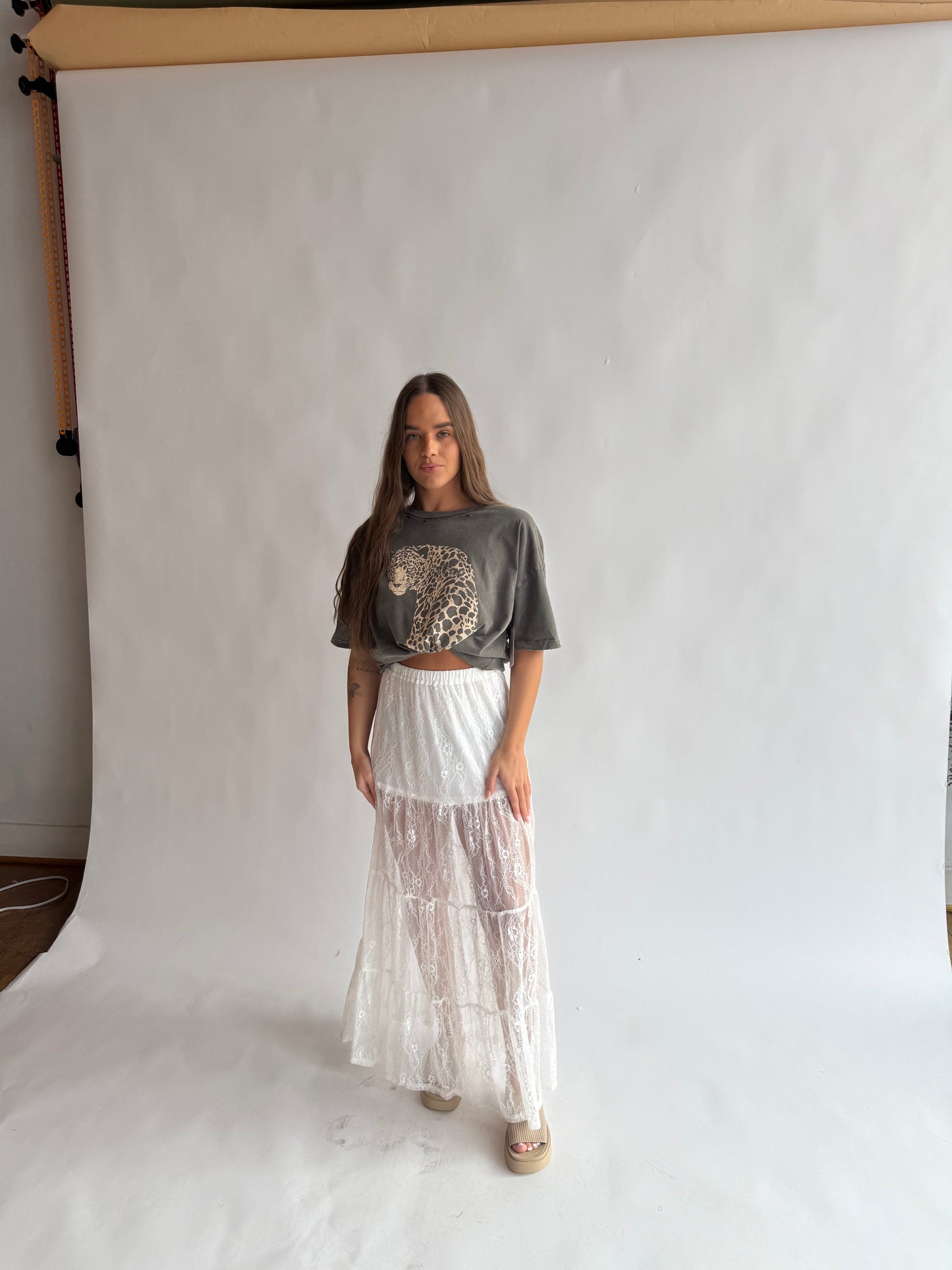 Lace overlay midi skirt