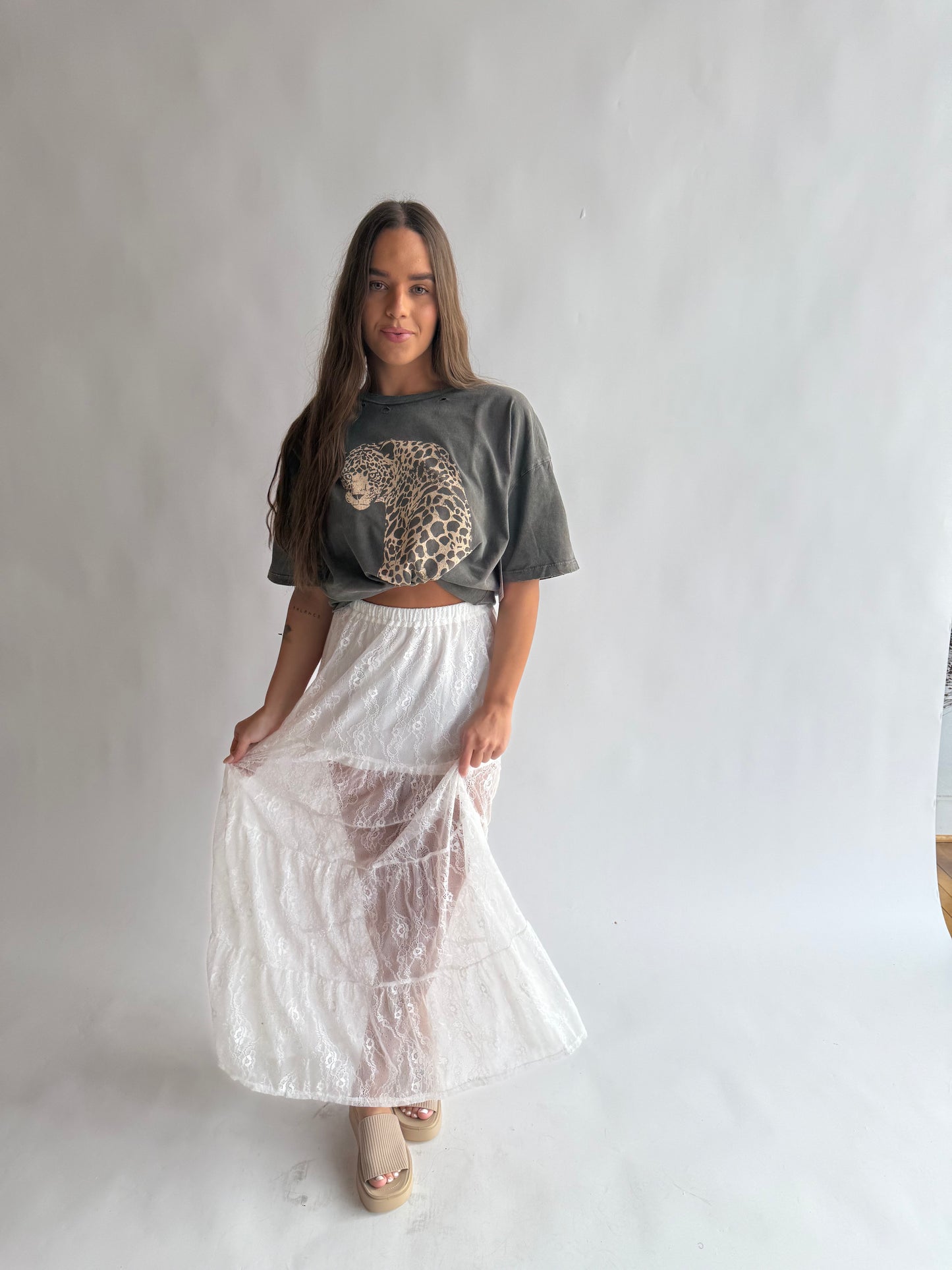 Lace overlay midi skirt
