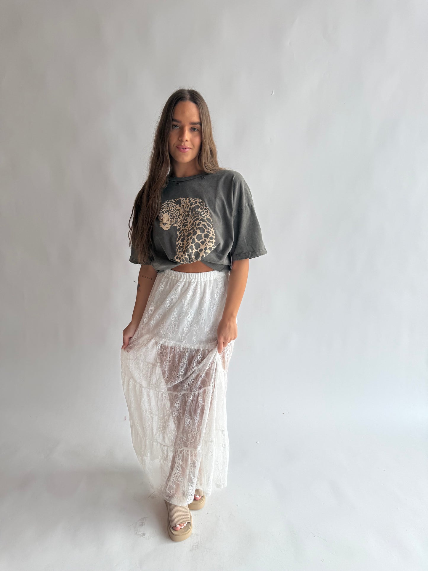 Lace overlay midi skirt