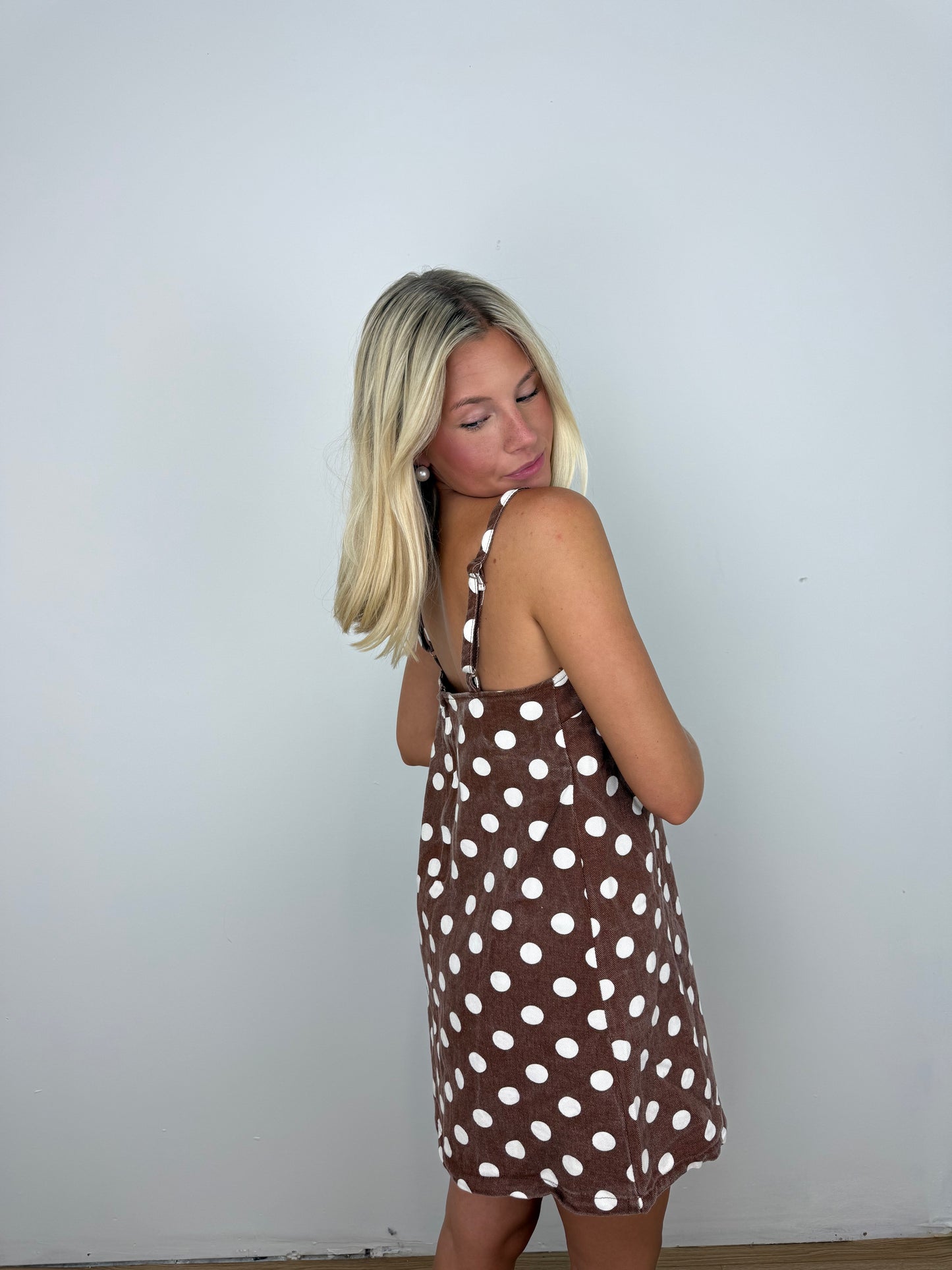 Brown Polka dot dreams denim dress