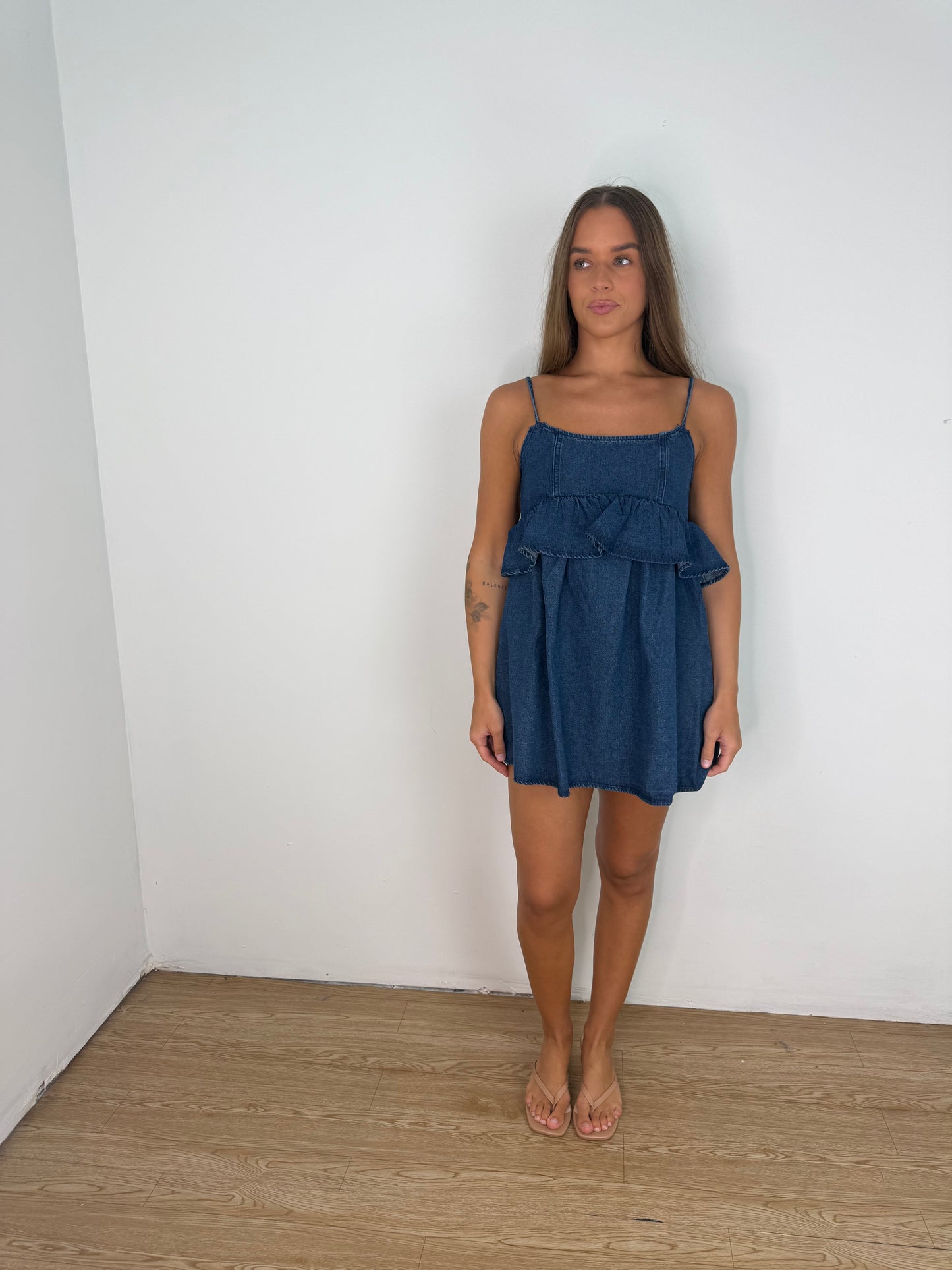 Spaghetti strap ruffle denim dress