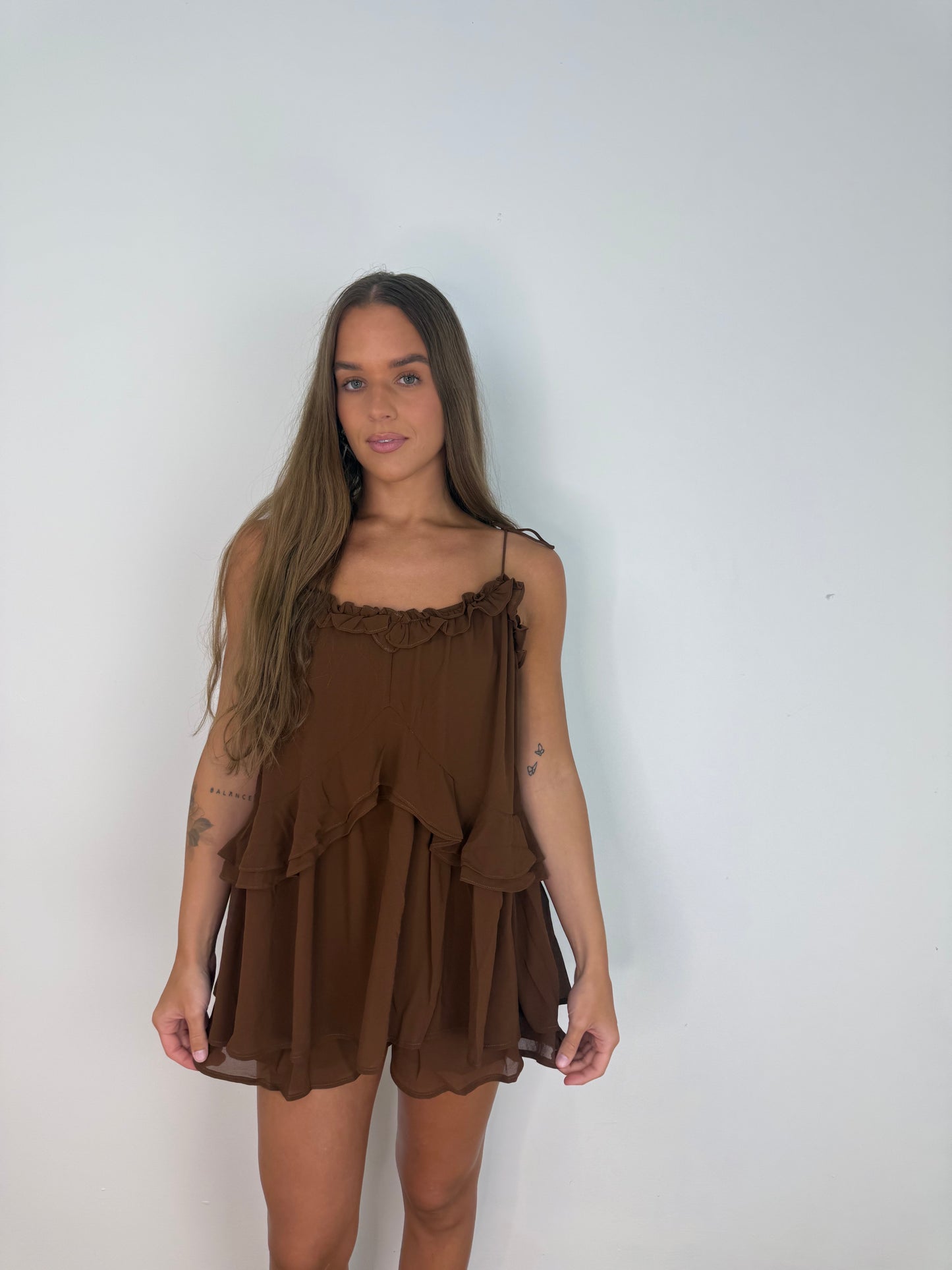 Tie ruffled romper
