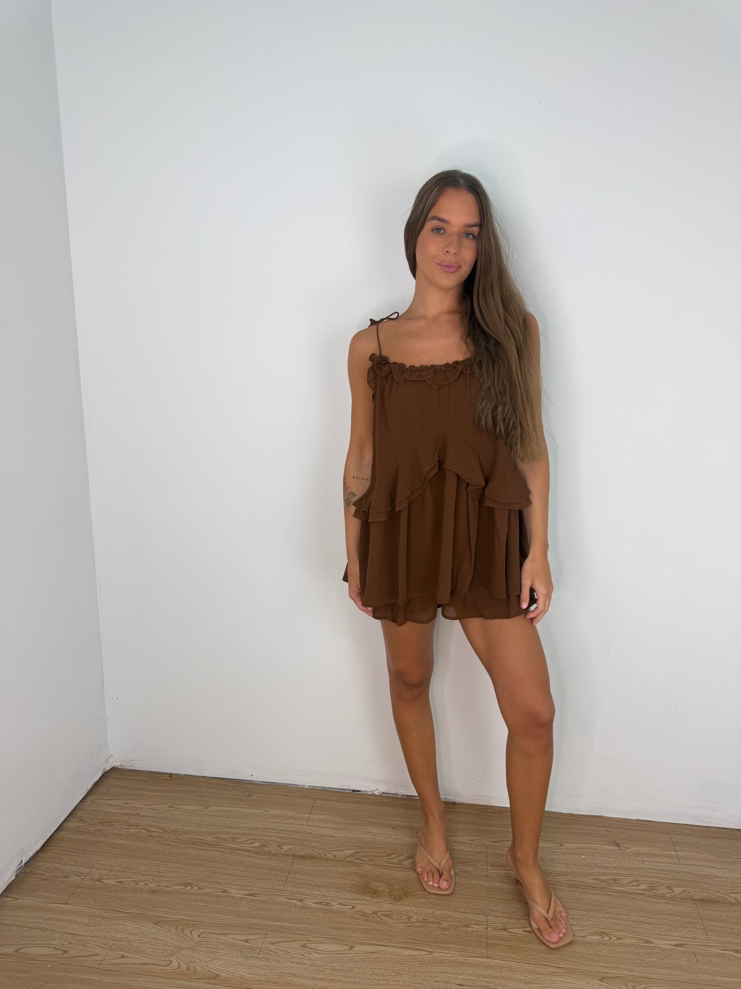 Tie ruffled romper