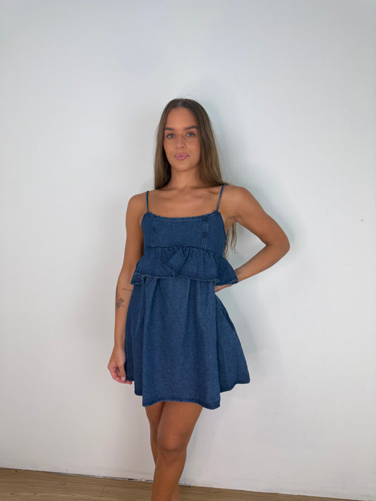 Spaghetti strap ruffle denim dress