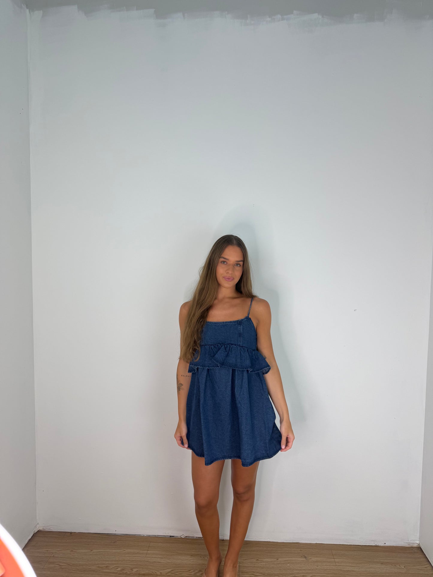 Spaghetti strap ruffle denim dress