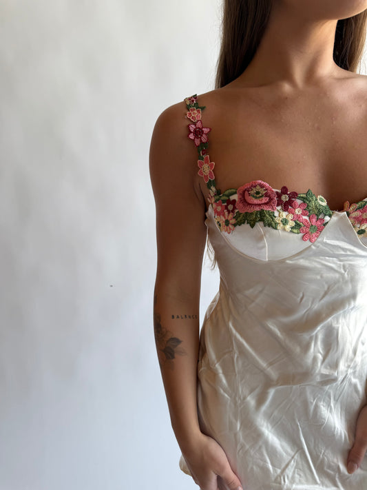 Embroidered floral trim mini dress
