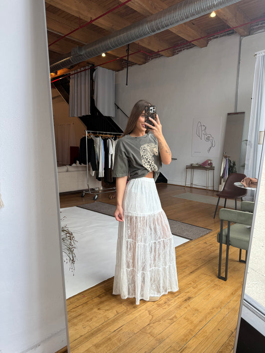 Lace overlay midi skirt