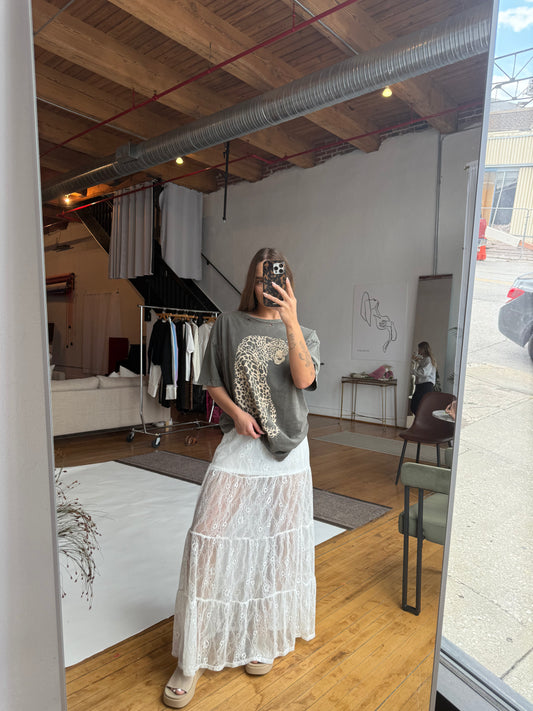 Lace overlay midi skirt