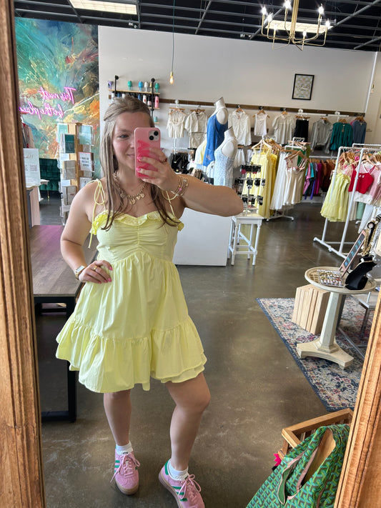 Ruffled neck yellow mini dress