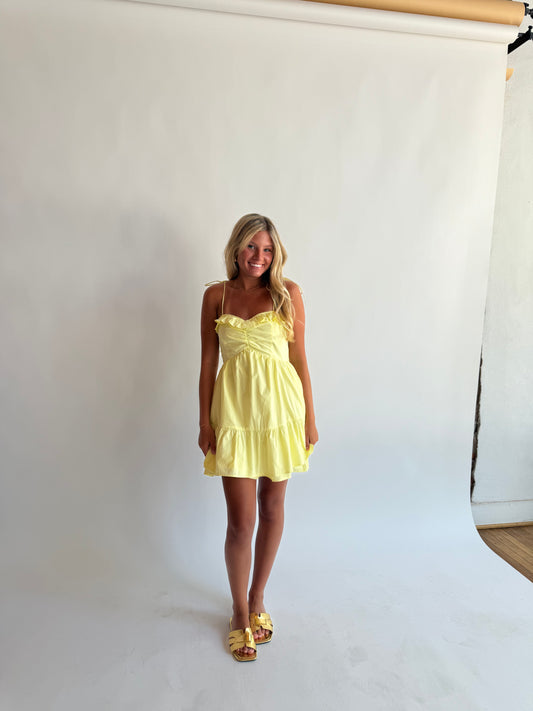 Ruffled neck yellow mini dress
