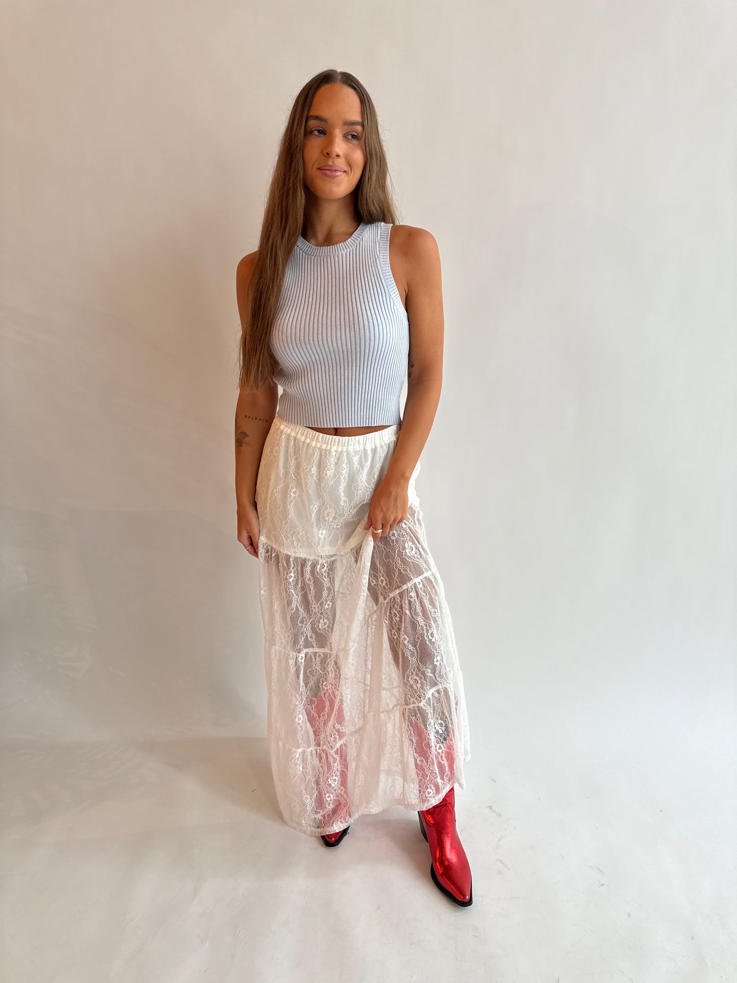 Lace overlay midi skirt