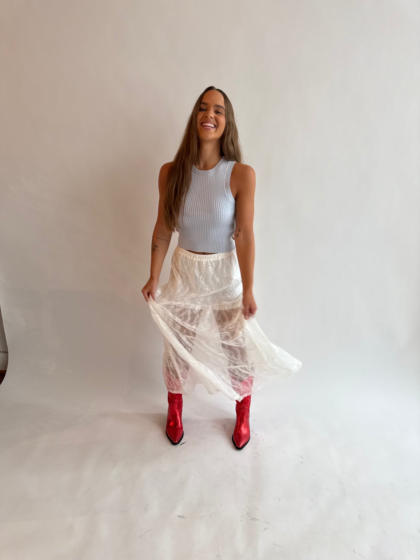 Lace overlay midi skirt