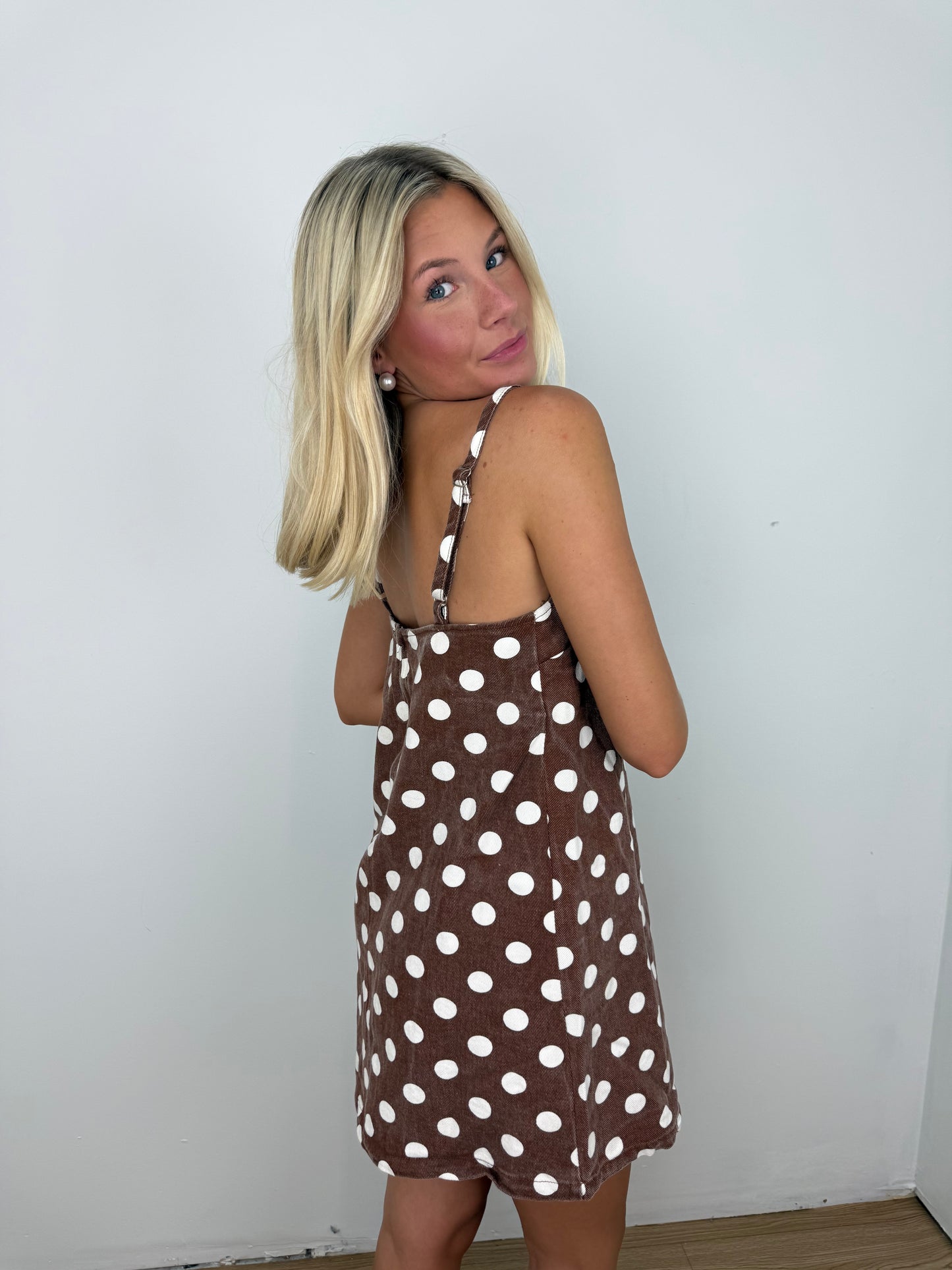Brown Polka dot dreams denim dress