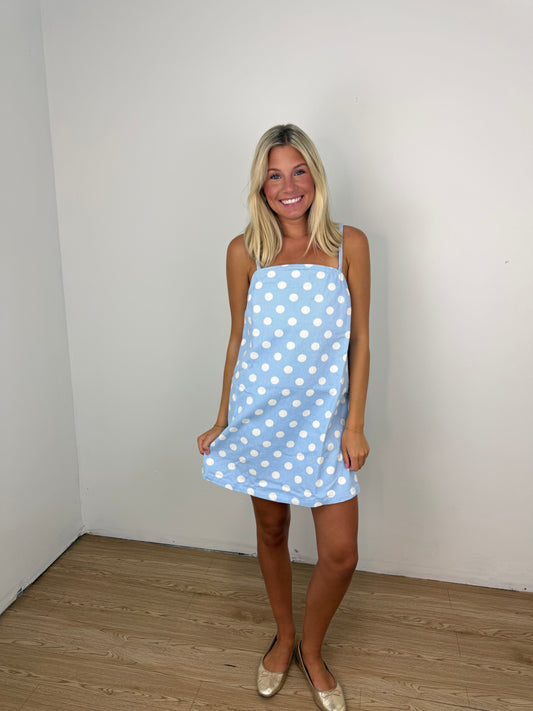 Blue polka dot dreams denim dress