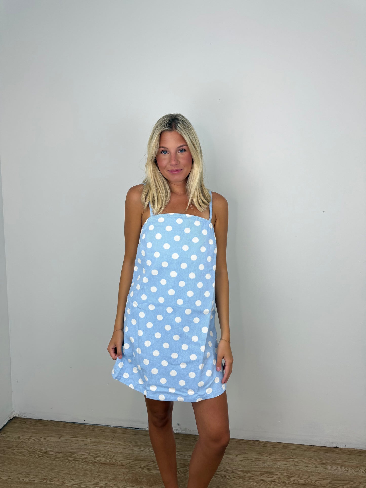 Blue polka dot dreams denim dress
