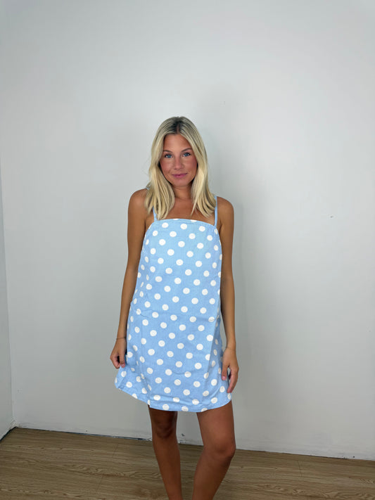 Blue polka dot dreams denim dress