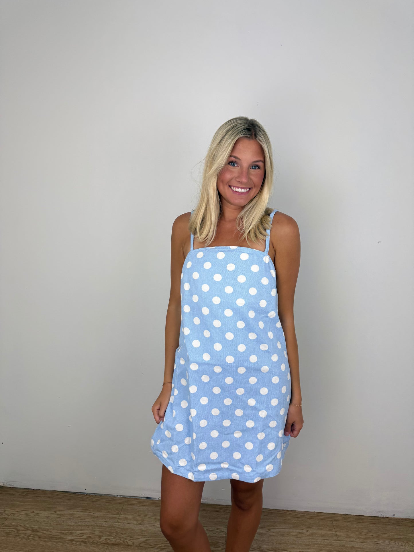 Blue polka dot dreams denim dress