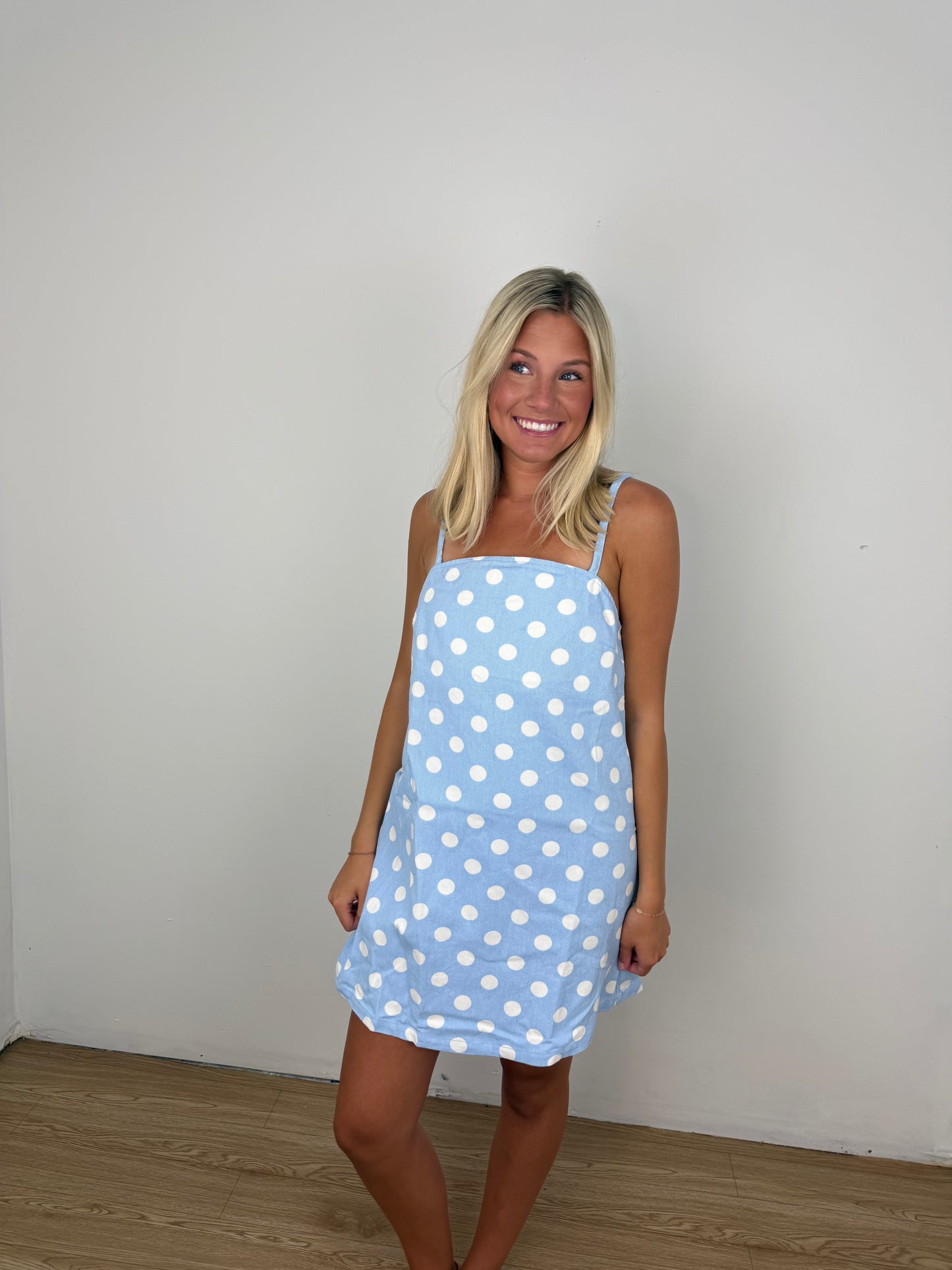 Blue polka dot dreams denim dress