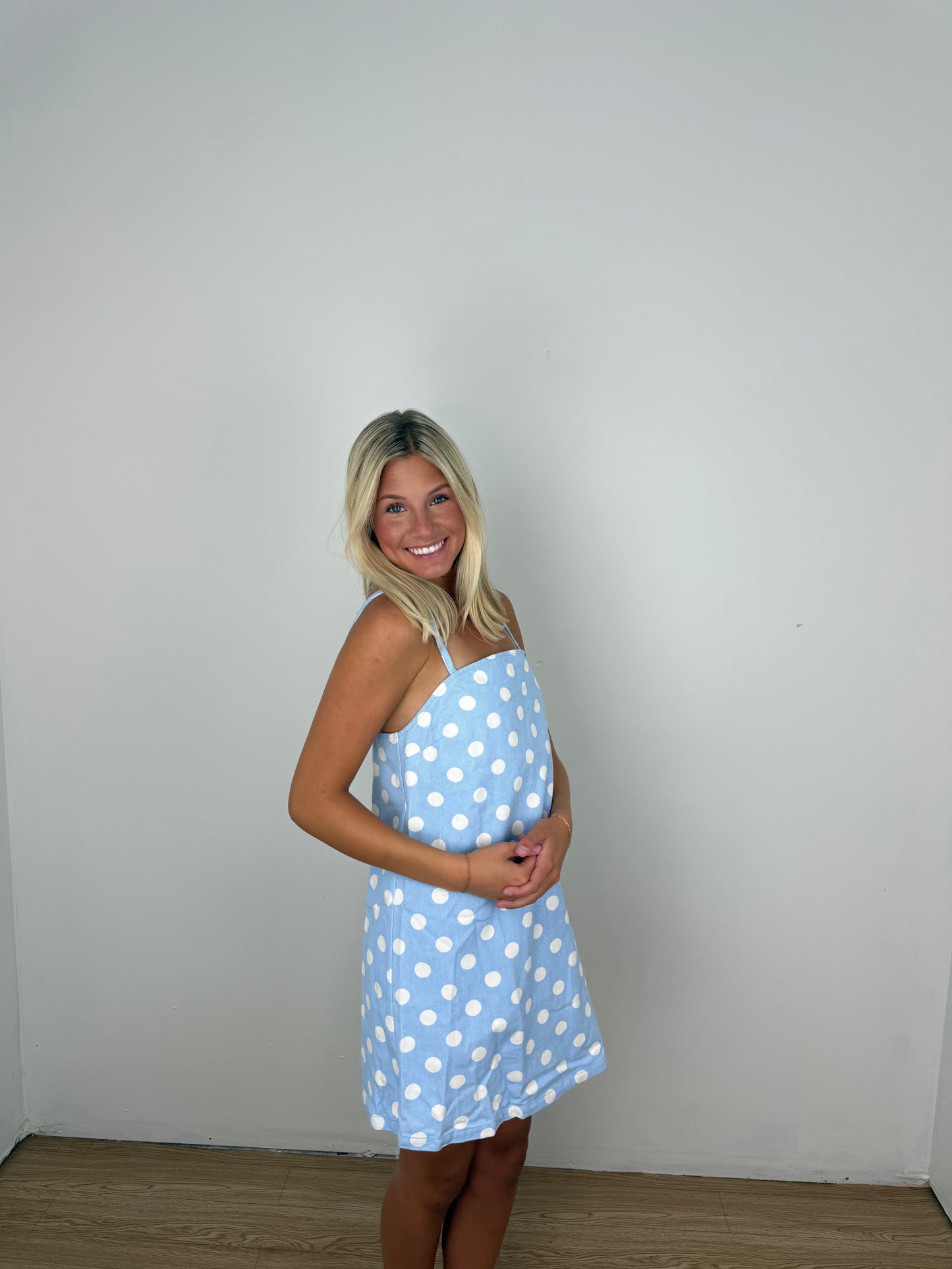 Blue polka dot dreams denim dress