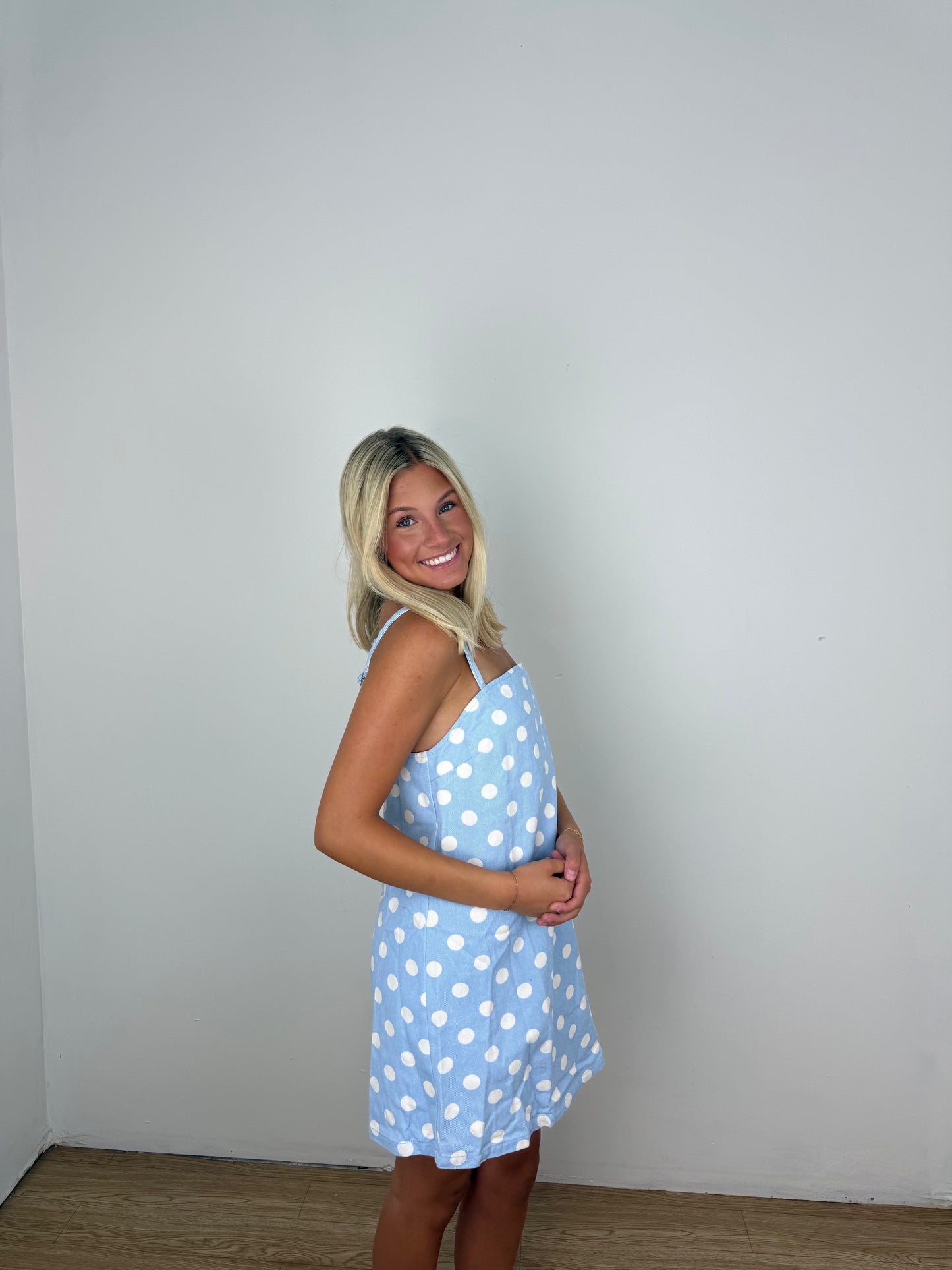 Blue polka dot dreams denim dress