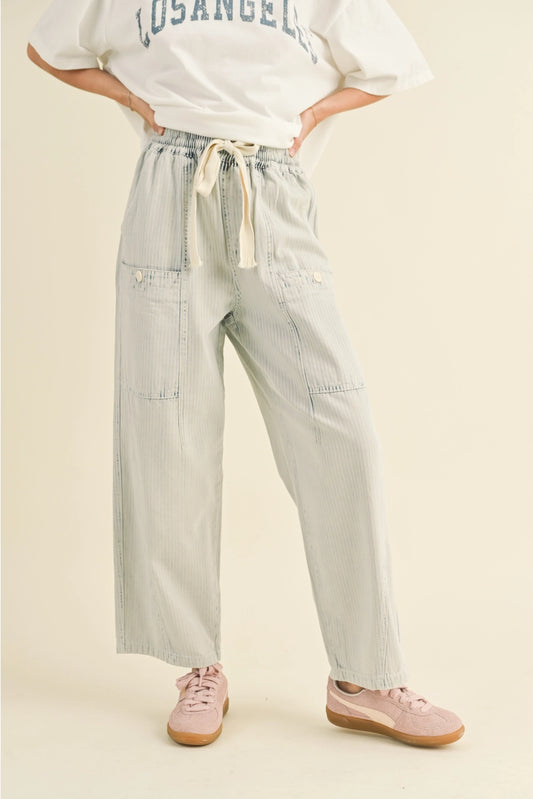 Blue and white striped barrel pants