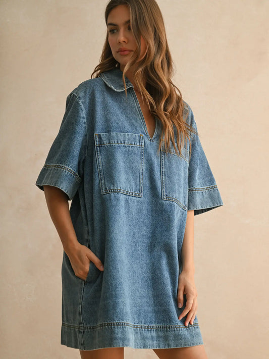 V-neck denim tunic dress