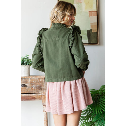 Olive Ruffle Detail Jacket