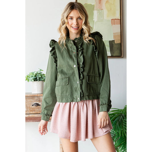 Olive Ruffle Detail Jacket