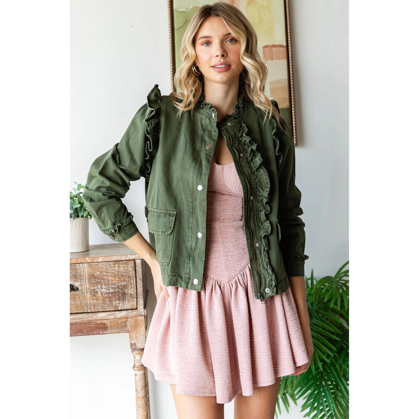 Olive Ruffle Detail Jacket