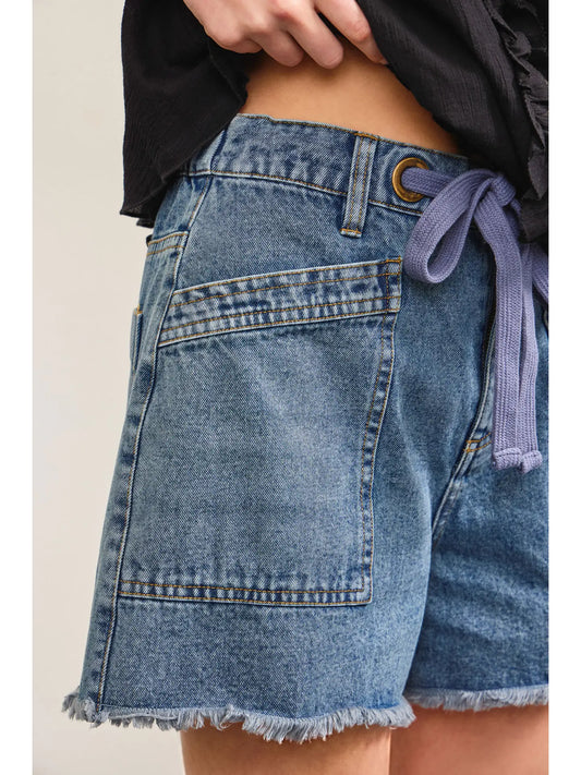 Tied front raw edge denim shorts