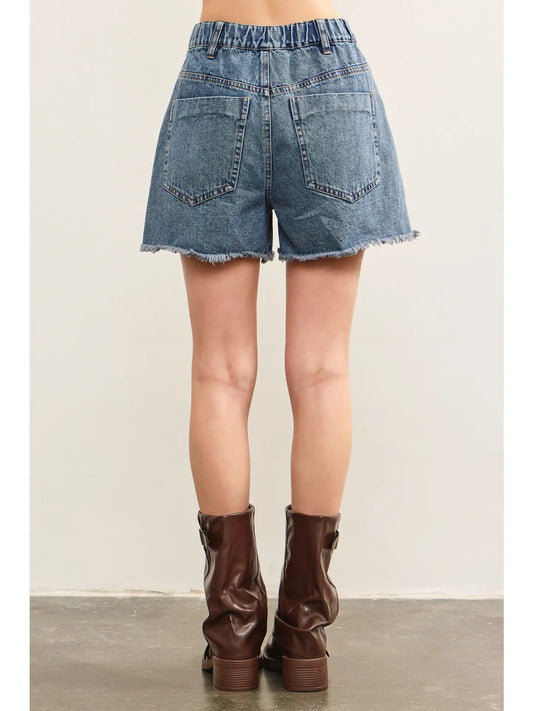 Tied front raw edge denim shorts